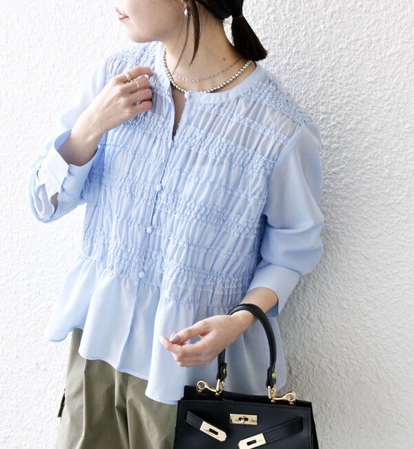 SHIPS any「【WEB限定】SHIPS any:〈洗濯機可能〉シアー シャーリング プチフリル ペプラム ブラウス」|シャツ・ブラウス|ライトブルー