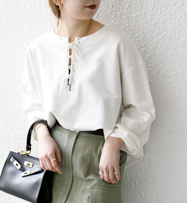 SHIPS any「SHIPS any:〈洗濯機可能〉インレイ レースアップ ロングスリーブ プルオーバー」|Tシャツ・カットソー|