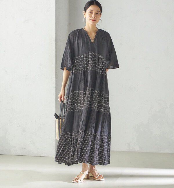 SHIPS for women「《一部追加予約》【WEB限定】〈手洗い可能〉Fanaka:クリンクル 袖 フレア ロング ワンピース」|ワンピース|