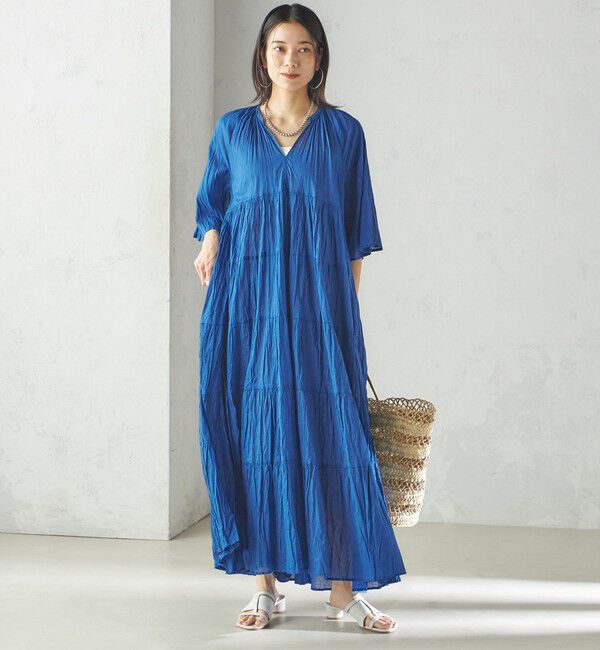 SHIPS for women「《一部追加予約》【WEB限定】〈手洗い可能〉Fanaka:クリンクル 袖 フレア ロング ワンピース」|ワンピース|