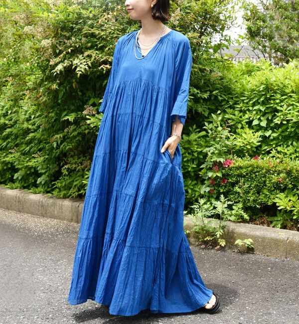 SHIPS for women「《一部追加予約》【WEB限定】〈手洗い可能〉Fanaka:クリンクル 袖 フレア ロング ワンピース」|ワンピース|