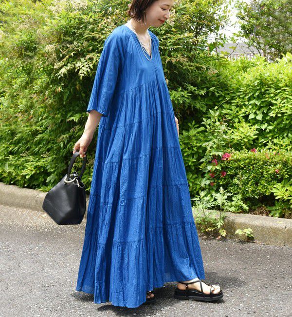 SHIPS for women「《一部追加予約》【WEB限定】〈手洗い可能〉Fanaka:クリンクル 袖 フレア ロング ワンピース」|ワンピース|