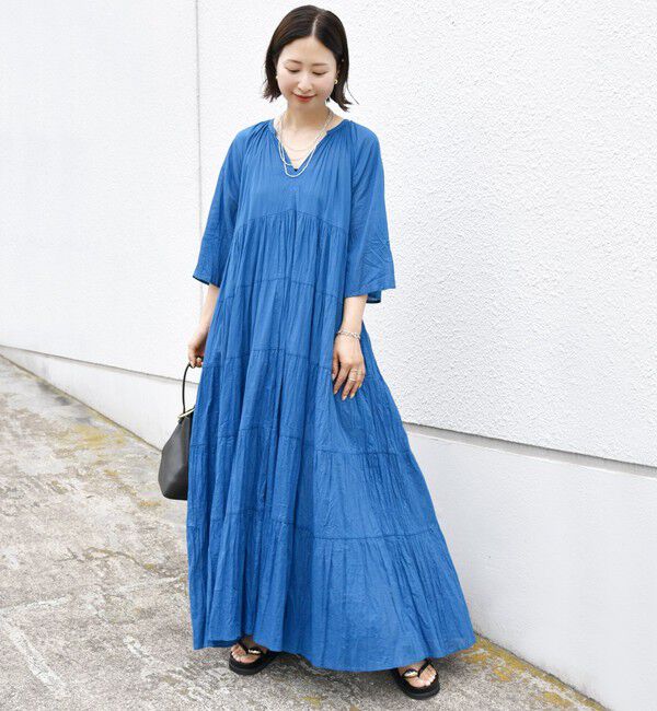 SHIPS for women「《一部追加予約》【WEB限定】〈手洗い可能〉Fanaka:クリンクル 袖 フレア ロング ワンピース」|ワンピース|