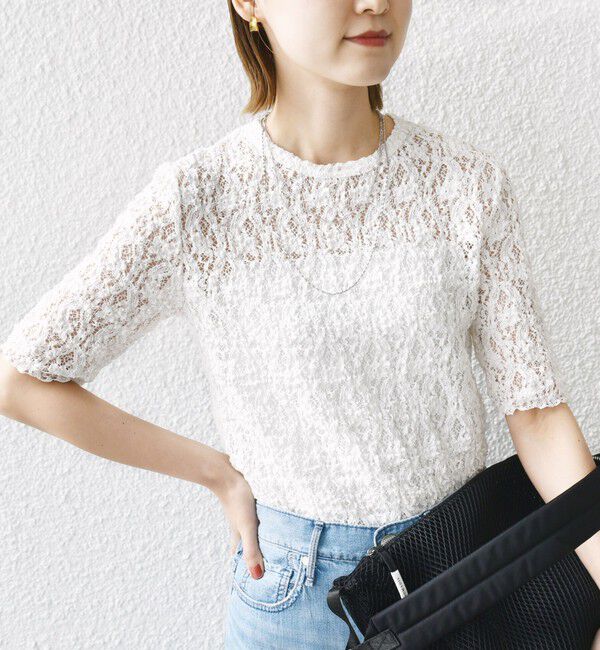 SHIPS for women「〈手洗い可能〉ラッセル レース クルーネック 5分袖 カットソー」|Tシャツ・カットソー|