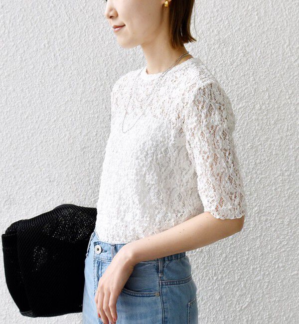 SHIPS for women「〈手洗い可能〉ラッセル レース クルーネック 5分袖 カットソー」|Tシャツ・カットソー|