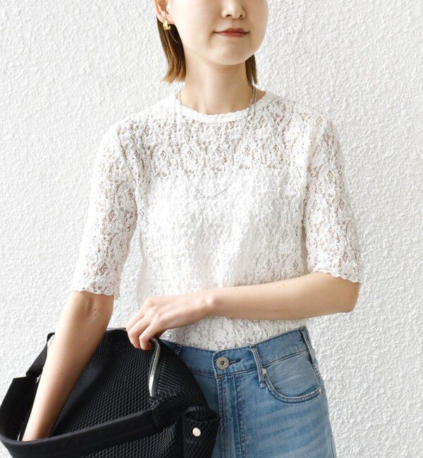SHIPS for women「〈手洗い可能〉ラッセル レース クルーネック 5分袖 カットソー」|Tシャツ・カットソー|