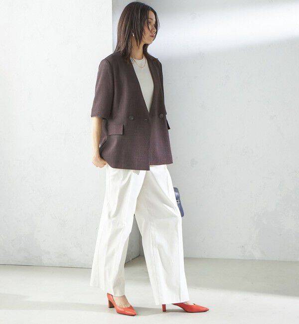 SHIPS for women「〈手洗い可能〉カラミ ノーラペル 半袖 ジャケット」|ノーカラージャケット|