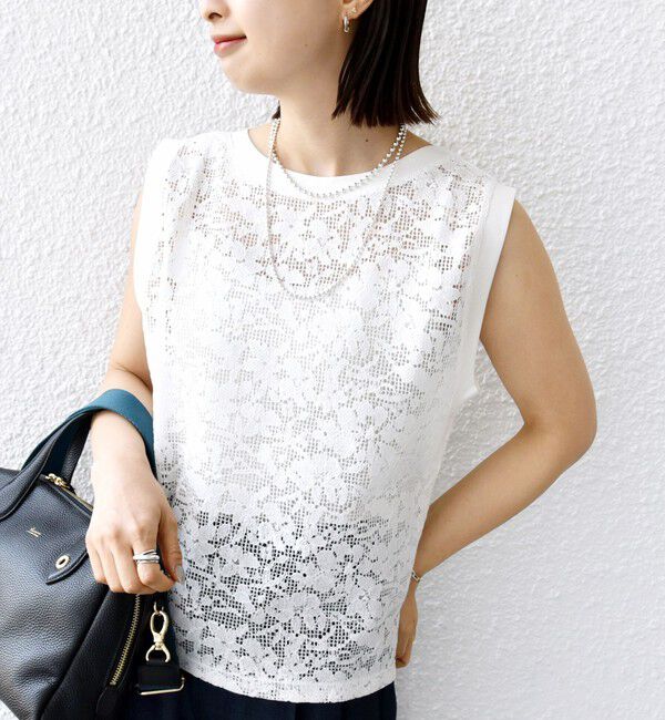 SHIPS for women「〈手洗い可能〉オーガニック コットン レース ノースリーブ プルオーバー」|タンクトップ|ホワイト