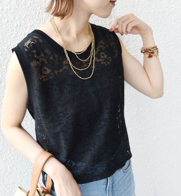 SHIPS for women「〈手洗い可能〉オーガニック コットン レース ノースリーブ プルオーバー」|タンクトップ|ブラック