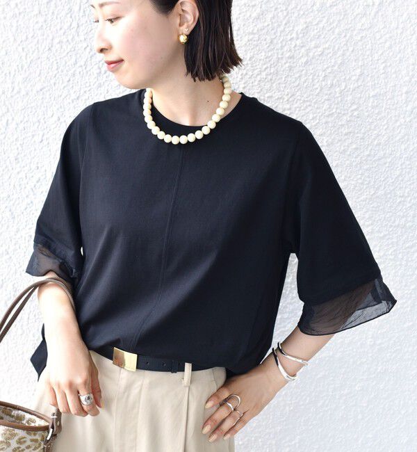 SHIPS for women「【WEB限定】〈接触冷感 / UVカット〉シアー オーガンジー コンビ プルオーバー」|Tシャツ・カットソー|