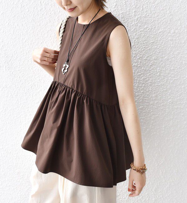 SHIPS for women「〈接触冷感 / 撥水加工〉TEX BRID(R)タフタ ギャザー ノースリーブ ブラウス」|シャツ・ブラウス|ブラウン