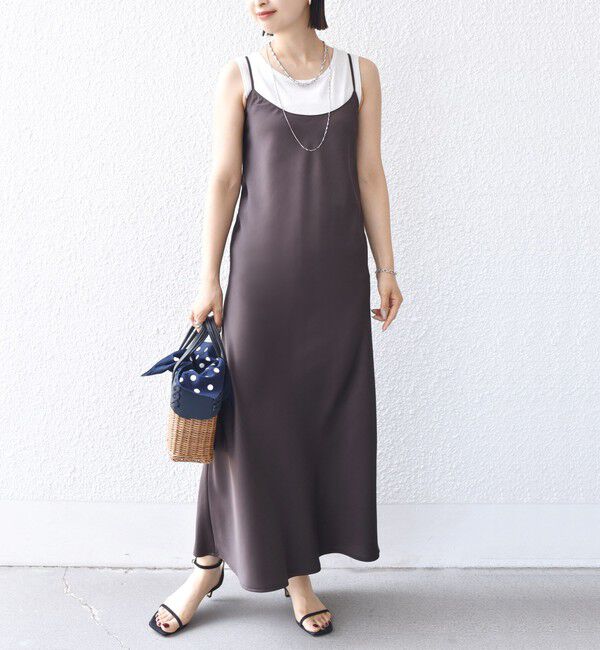 SHIPS for women「〈手洗い可能〉バック デザイン サテン キャミ ワンピース」|ワンピース|