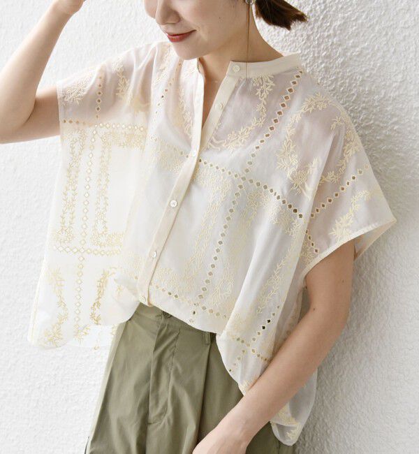 SHIPS any「《一部追加予約》SHIPS any:〈手洗い可能〉エンブロイダリー レース シアー フレンチスリーブ シャツ」|シャツ・ブラウス|ホワイト