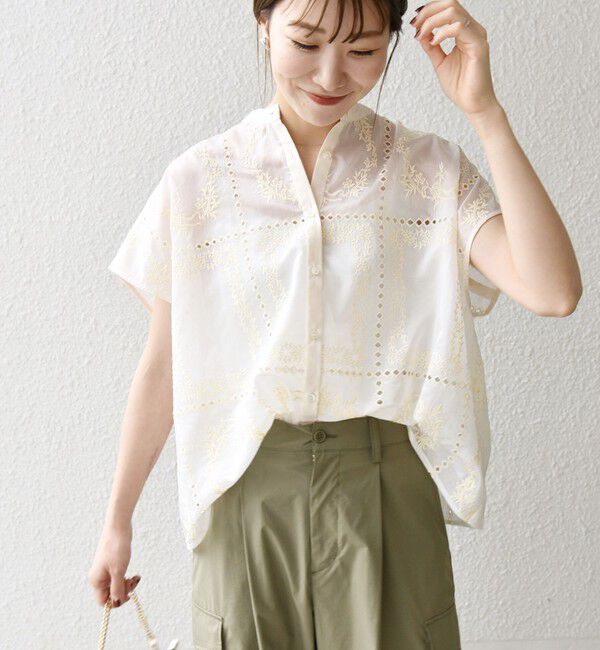 SHIPS any「《一部追加予約》SHIPS any:〈手洗い可能〉エンブロイダリー レース シアー フレンチスリーブ シャツ」|シャツ・ブラウス|
