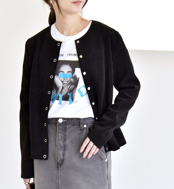 quaranciel「quaranciel:〈洗濯機可能〉ポリエステル ベロア リブ コンパクト スナップ カーディガン」|カーディガン|ブラック