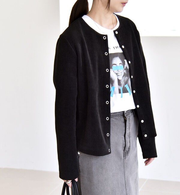 quaranciel「quaranciel:〈洗濯機可能〉ポリエステル ベロア リブ コンパクト スナップ カーディガン」|カーディガン|