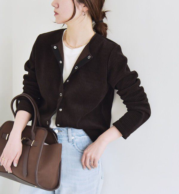 quaranciel「quaranciel:〈洗濯機可能〉ポリエステル ベロア リブ コンパクト スナップ カーディガン」|カーディガン|