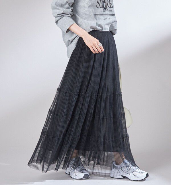 SHIPS for women「〈手洗い可能〉チュール プリーツ ティアード スカート」|スカート|ブラック