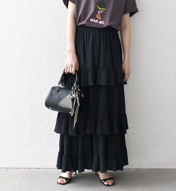 SHIPS any「SHIPS any:〈洗濯機可能〉ティアード ラッフル マキシ スカート」|スカート|ブラック