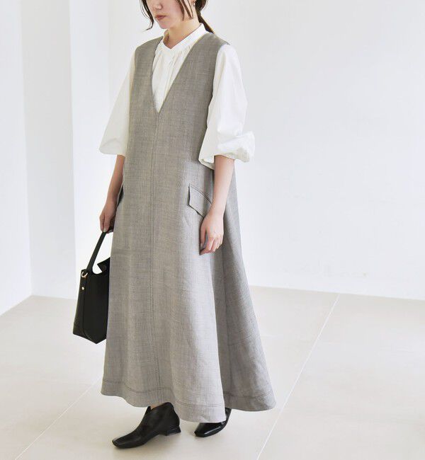 quaranciel「quaranciel:〈洗濯機可能〉ウーステッド ステッチワーク ポケット フレア Vネック ワンピース」|ワンピース|