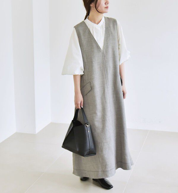 quaranciel「quaranciel:〈洗濯機可能〉ウーステッド ステッチワーク ポケット フレア Vネック ワンピース」|ワンピース|