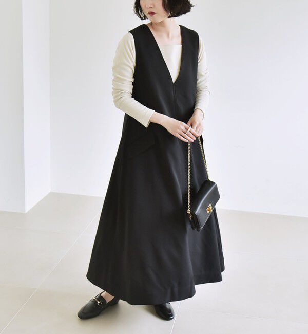 quaranciel「quaranciel:〈洗濯機可能〉ウーステッド ステッチワーク ポケット フレア Vネック ワンピース」|ワンピース|