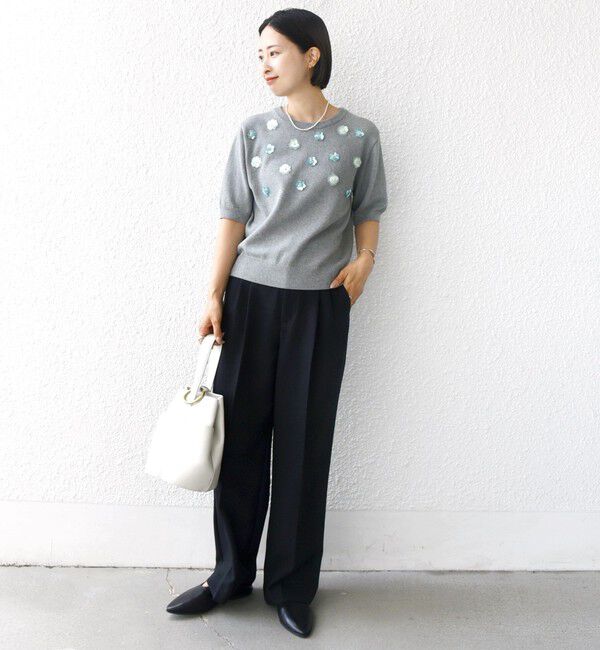 SHIPS for women「〈手洗い可能〉フラワー ビジュー ショート スリーブ ニット プルオーバー」|ニット・セーター|