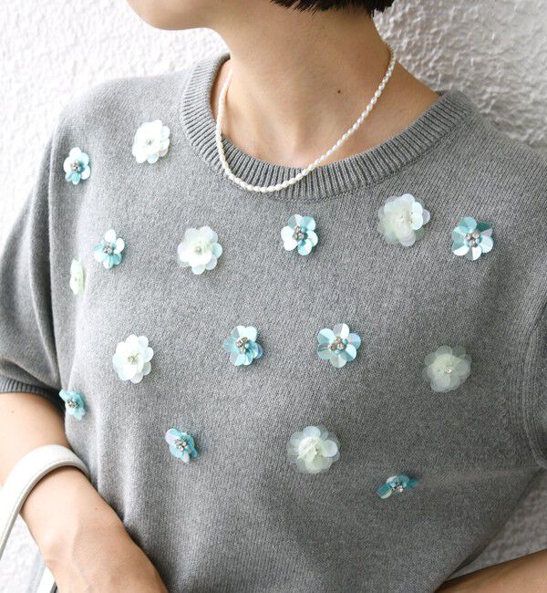 SHIPS for women「〈手洗い可能〉フラワー ビジュー ショート スリーブ ニット プルオーバー」|ニット・セーター|