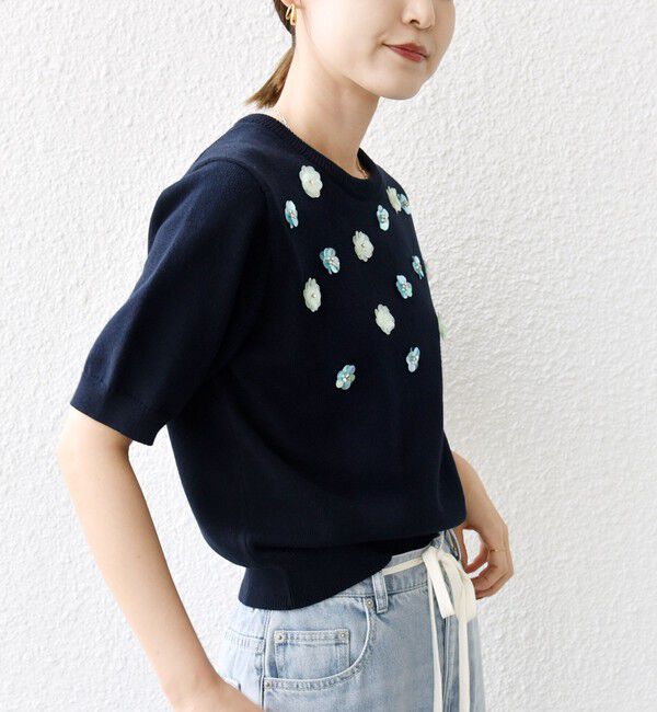 SHIPS for women「〈手洗い可能〉フラワー ビジュー ショート スリーブ ニット プルオーバー」|ニット・セーター|