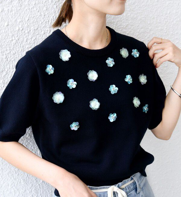 SHIPS for women「〈手洗い可能〉フラワー ビジュー ショート スリーブ ニット プルオーバー」|ニット・セーター|