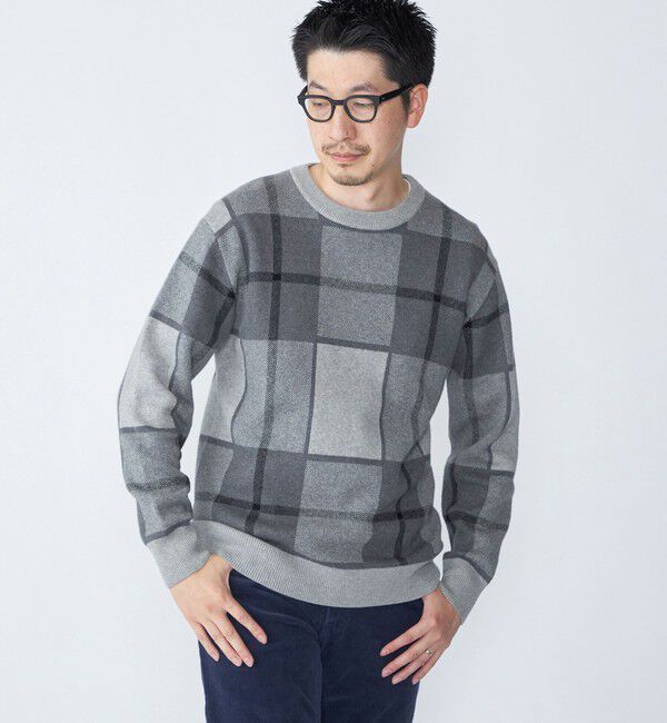 SHIPS「SHIPS:〈洗濯機可能〉 コットン カシミヤ チェック クルーネック ニット」|ニット・セーター|ダークグレー
