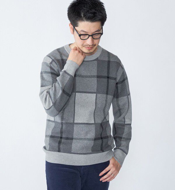 SHIPS「SHIPS:〈洗濯機可能〉 コットン カシミヤ チェック クルーネック ニット」|ニット・セーター|