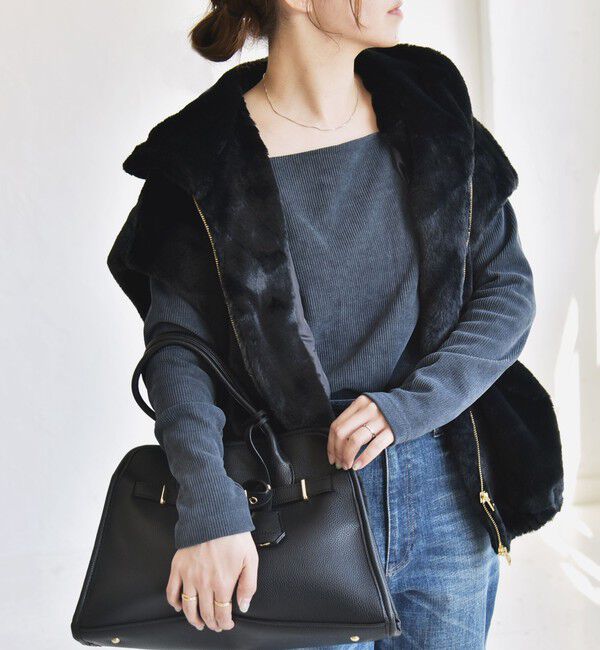 quaranciel「quaranciel: フーディー フェイクファー ドロスト ジップ ショート ベスト」|ダウンベスト・ベスト|