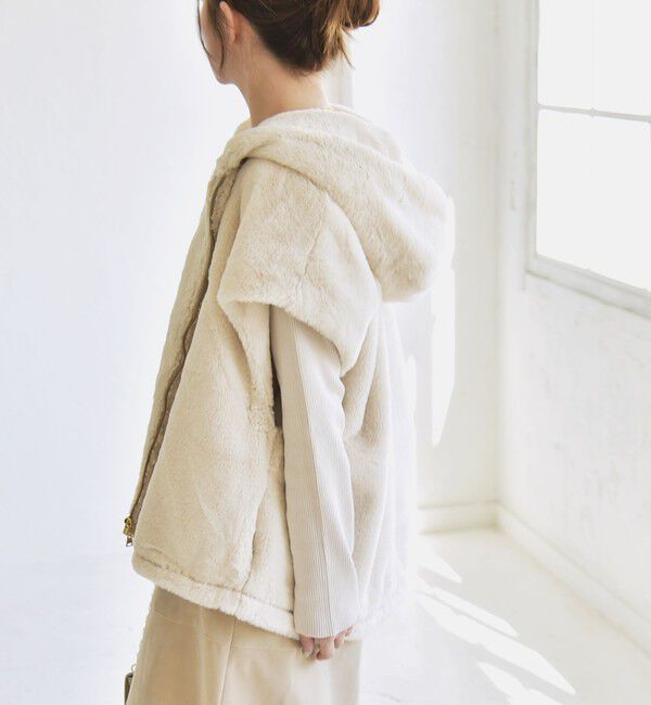 quaranciel「quaranciel: フーディー フェイクファー ドロスト ジップ ショート ベスト」|ダウンベスト・ベスト|