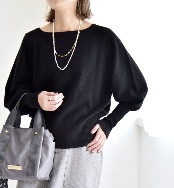 quaranciel「quaranciel:〈手洗い可能〉AQUA カシミヤ ミックス ボートネック ロングリブ パフ ニット」|ニット・セーター|ブラック