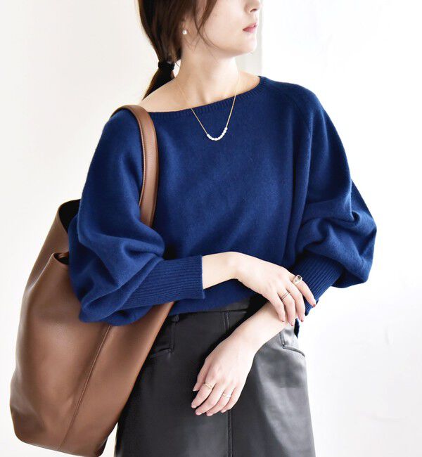 quaranciel「quaranciel:〈手洗い可能〉AQUA カシミヤ ミックス ボートネック ロングリブ パフ ニット」|ニット・セーター|ブルー