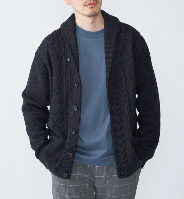 SHIPS「SHIPS: 〈手洗い可能〉ウールコットン アラン ショール カーディガン」|カーディガン|ネイビー