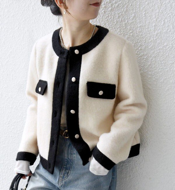 SHIPS any「SHIPS any: バイカラー クルーネック カーディガン ジャケット」|ノーカラージャケット|ナチュラル