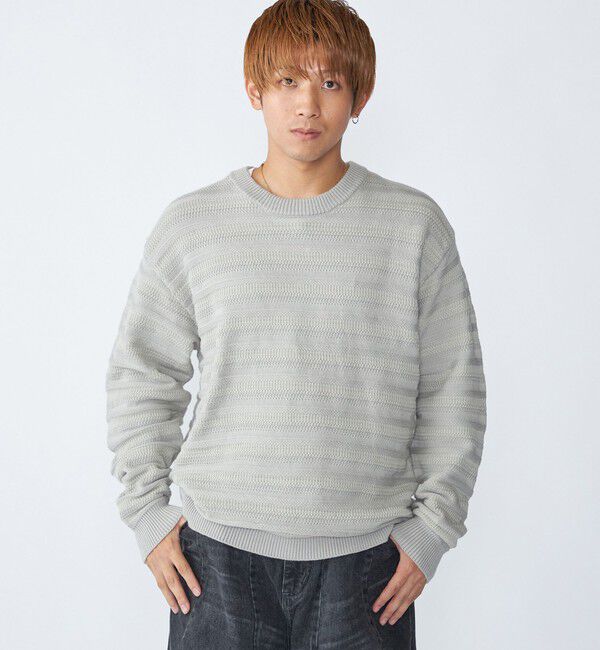 SHIPS「City Ambient Products: 〈手洗い可能〉7ゲージ ランダム ボーダー クルーネック ニット」|ニット・セーター|グレー