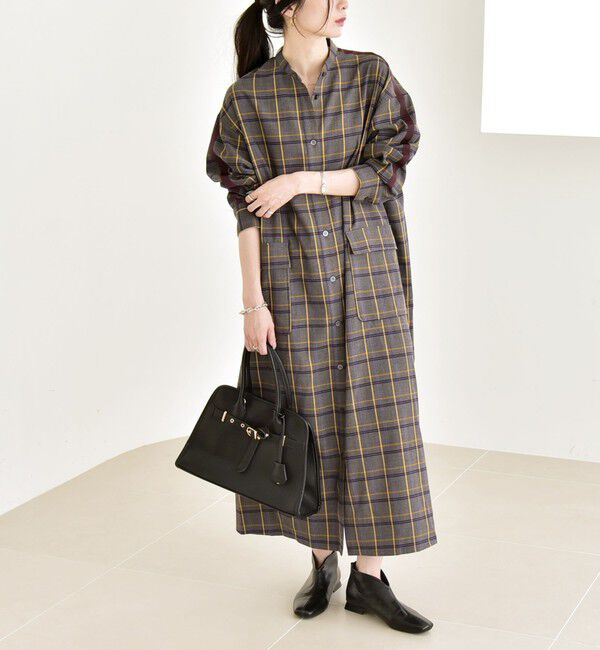quaranciel「quaranciel: バンドカラー ライン チェック ポケット シャツ ワンピース」|ワンピース|