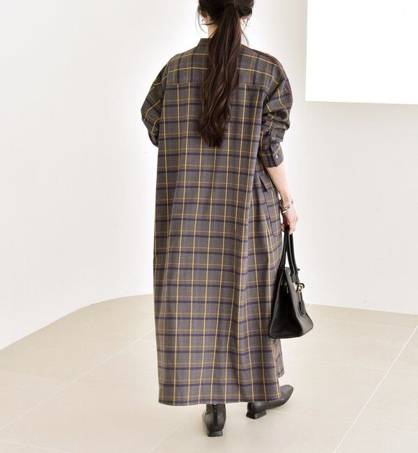 quaranciel「quaranciel: バンドカラー ライン チェック ポケット シャツ ワンピース」|ワンピース|