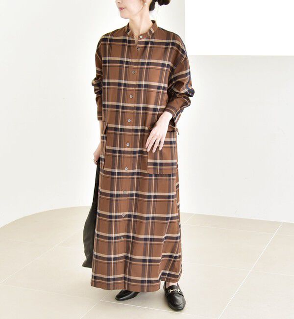 quaranciel「quaranciel: バンドカラー ライン チェック ポケット シャツ ワンピース」|ワンピース|