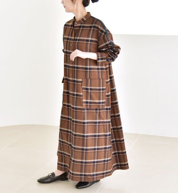 quaranciel「quaranciel: バンドカラー ライン チェック ポケット シャツ ワンピース」|ワンピース|