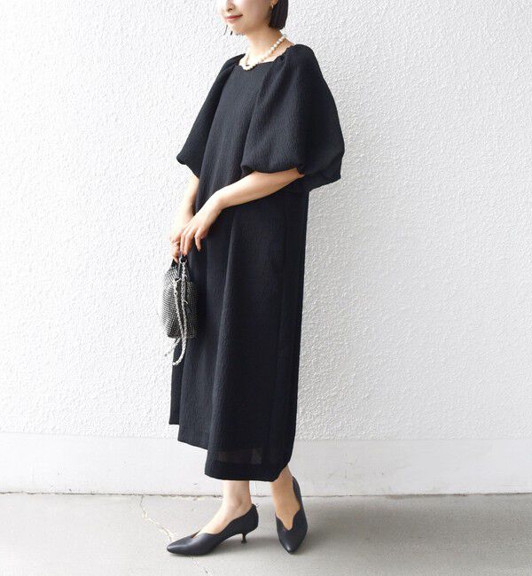 SHIPS for women「troisiemeCHACO:〈手洗い可能〉ジャカード パフ スリーブ（セレモニー対応可）」|ワンピース|ブラック