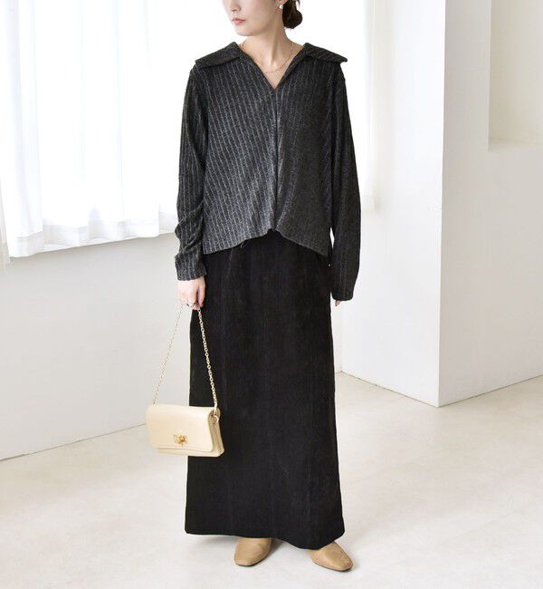 quaranciel「《予約》quaranciel:〈手洗い可能〉ポリエステル ベロア スキッパー ニット &  Iライン スカート」|ワンピース|