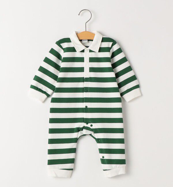 SHIPS KIDS「SHIPS KIDS:70～80cm / ボーダー ラガーシャツ ロンパース」|ロンパース|グリーン