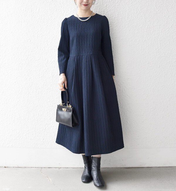 SHIPS any「SHIPS any:〈手洗い可能〉ジャカード ウエスト タック ノーカラー ワンピース［NAVY BLUE］」|ワンピース|