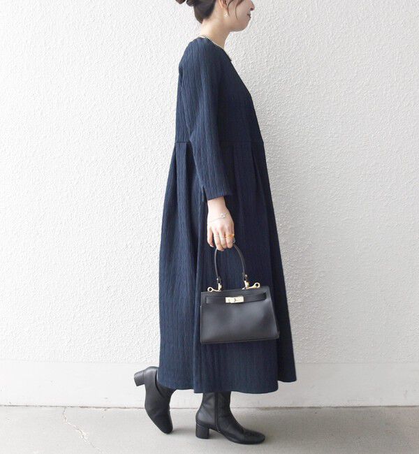 SHIPS any「SHIPS any:〈手洗い可能〉ジャカード ウエスト タック ノーカラー ワンピース［NAVY BLUE］」|ワンピース|