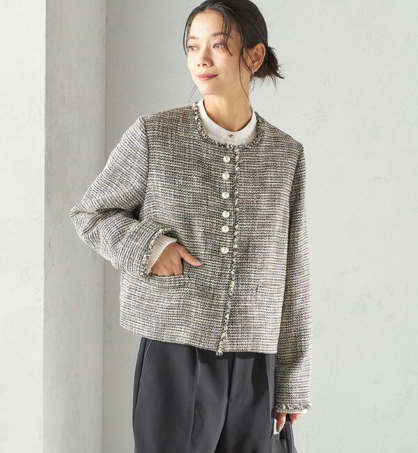 SHIPS for women「トライスピン 杢 ツイード パール モチーフ ボタン ジャケット（セレモニー対応可）」|ノーカラージャケット|