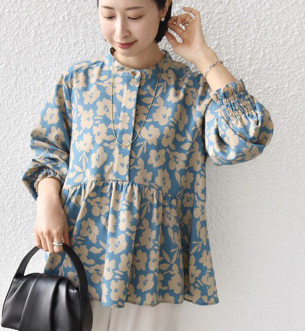 SHIPS for women「【WEB限定】〈手洗い可能〉ドット 花柄 袖 シャーリング ブラウス」|シャツ・ブラウス|スカイブルー